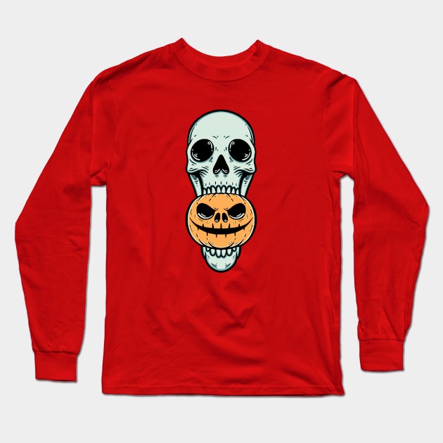 Happy Halloween Skull Pumpkin Long Sleeve T-Shirt by Pongatworks Store